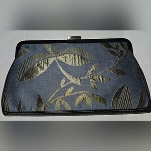 BNWT Echo Brand Floral Leaf Jacqaurd Fabric Blue & Green Clutch Handbag